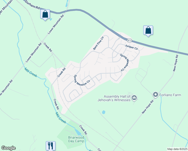 map of restaurants, bars, coffee shops, grocery stores, and more near 561 Spring Meadow Circle in New Hope