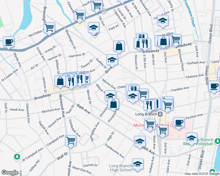 map of restaurants, bars, coffee shops, grocery stores, and more near 400 Morris Avenue in Long Branch