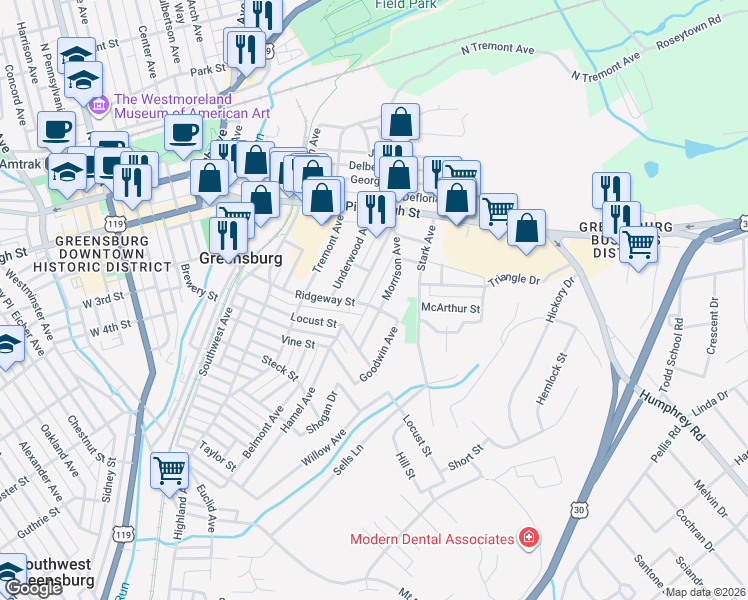 map of restaurants, bars, coffee shops, grocery stores, and more near 220 Morrison Avenue in Greensburg