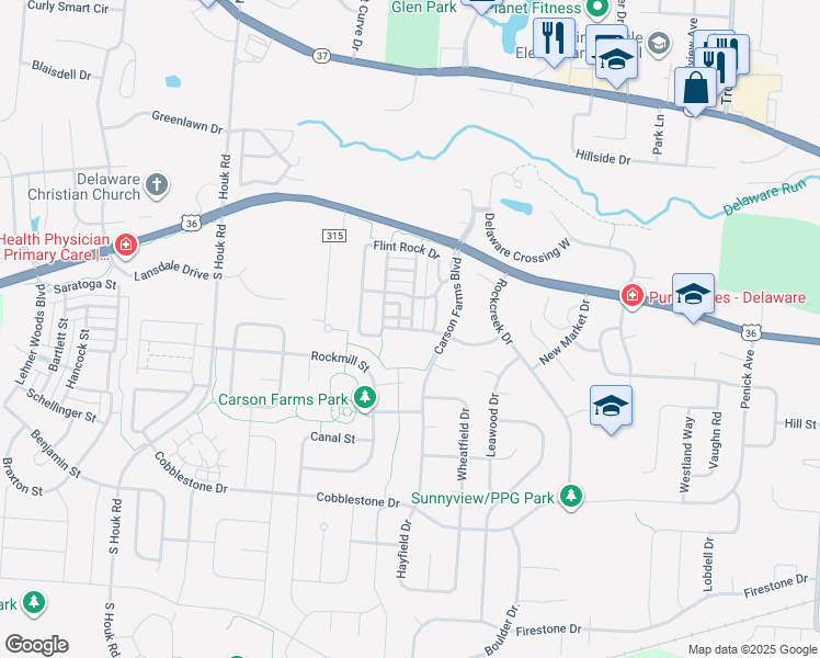 map of restaurants, bars, coffee shops, grocery stores, and more near 437 Sunburst Drive in Delaware