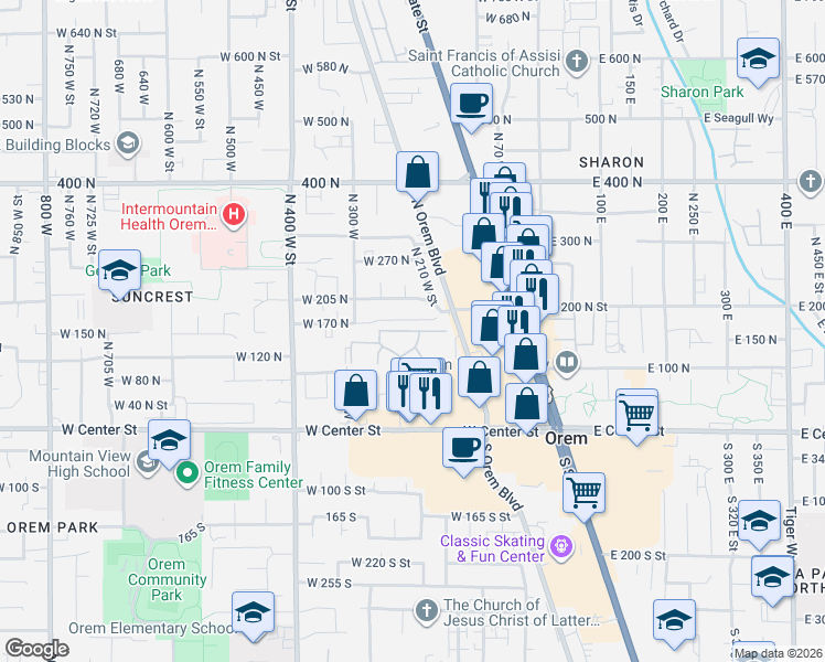 map of restaurants, bars, coffee shops, grocery stores, and more near 200 West Garden Park Drive in Orem