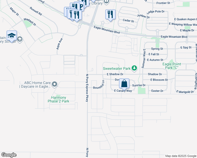 map of restaurants, bars, coffee shops, grocery stores, and more near 3628 Lark Road in Eagle Mountain
