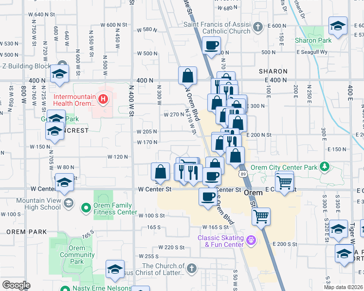 map of restaurants, bars, coffee shops, grocery stores, and more near 208 West Garden Park Drive in Orem