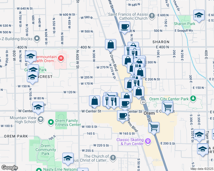 map of restaurants, bars, coffee shops, grocery stores, and more near 208 West Garden Park Drive in Orem