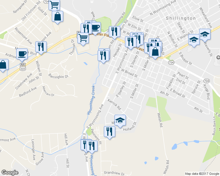 map of restaurants, bars, coffee shops, grocery stores, and more near 324 South Wyomissing Avenue in Reading