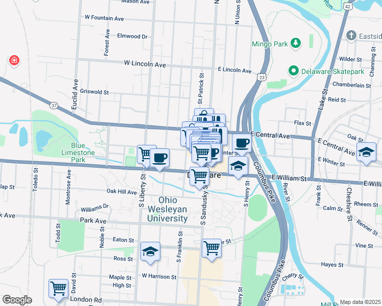 map of restaurants, bars, coffee shops, grocery stores, and more near 23 West Winter Street in Delaware