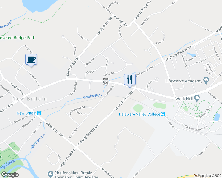 map of restaurants, bars, coffee shops, grocery stores, and more near 35 Beulah Road in Doylestown
