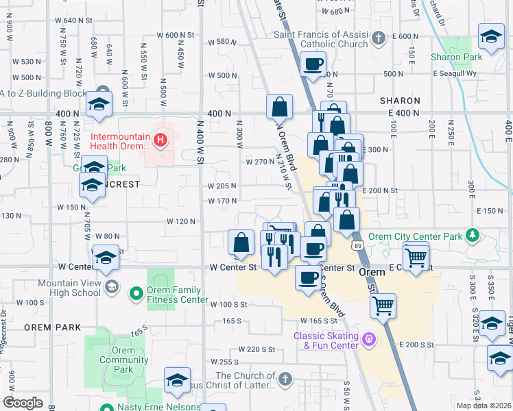 map of restaurants, bars, coffee shops, grocery stores, and more near 277 West Garden Park Drive in Orem