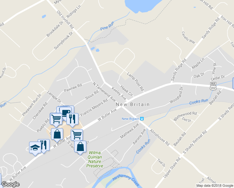 map of restaurants, bars, coffee shops, grocery stores, and more near 56 Keeley Avenue in Doylestown