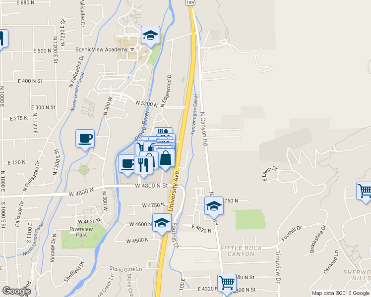 map of restaurants, bars, coffee shops, grocery stores, and more near 4990 North University Avenue in Provo