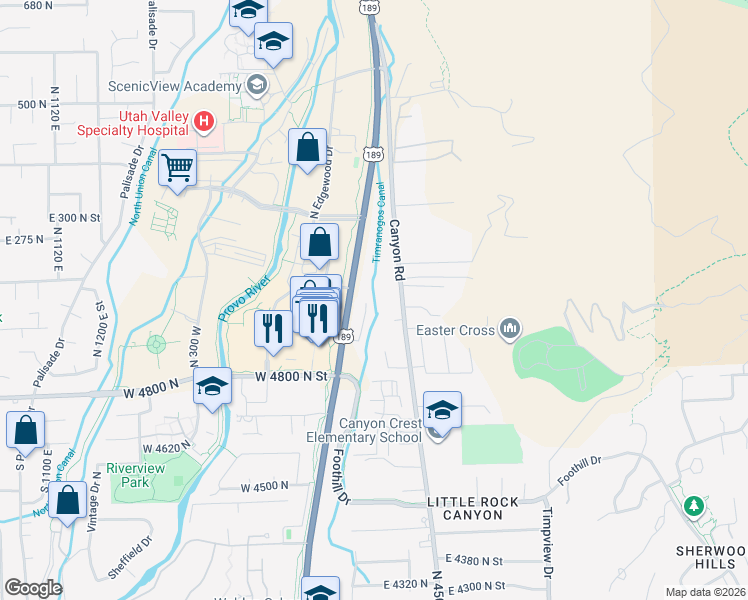 map of restaurants, bars, coffee shops, grocery stores, and more near 5072 North University Avenue in Provo