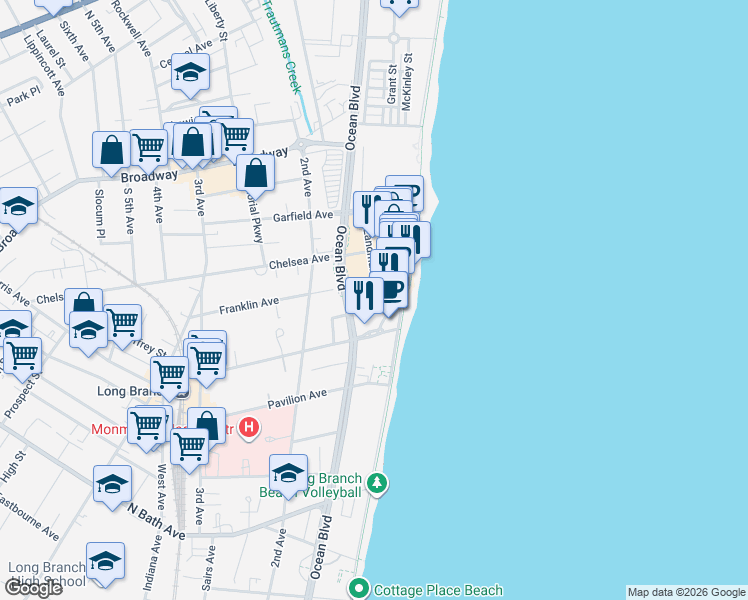 map of restaurants, bars, coffee shops, grocery stores, and more near 10 Melrose Terrace in Long Branch
