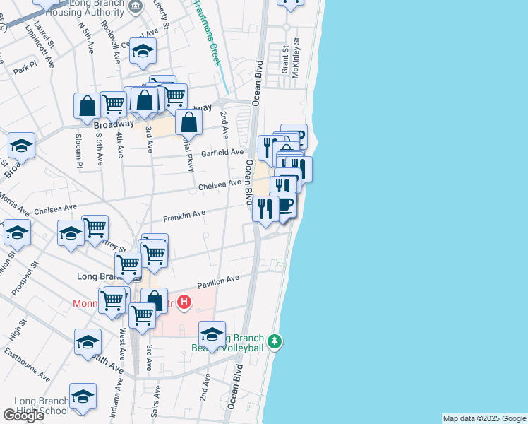 map of restaurants, bars, coffee shops, grocery stores, and more near 10 Melrose Terrace in Long Branch