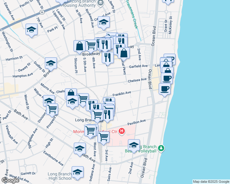 map of restaurants, bars, coffee shops, grocery stores, and more near 176 Chelsea Avenue in Long Branch