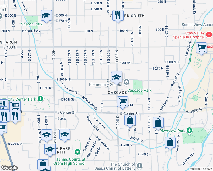 map of restaurants, bars, coffee shops, grocery stores, and more near 167 North 750 East Street in Orem