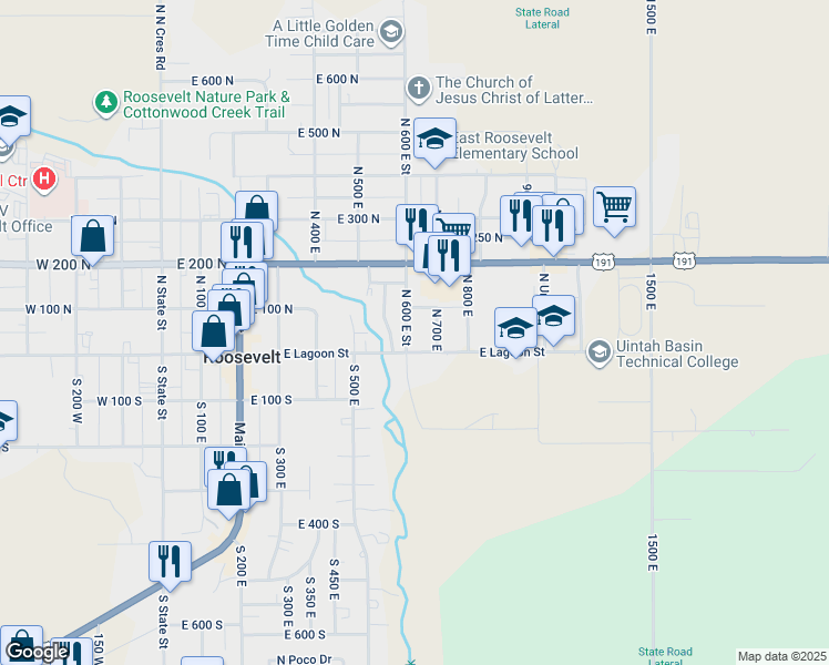 map of restaurants, bars, coffee shops, grocery stores, and more near 58 North 600 East Street in Roosevelt