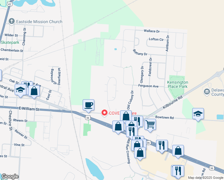 map of restaurants, bars, coffee shops, grocery stores, and more near 1 Village Gate Boulevard in Delaware
