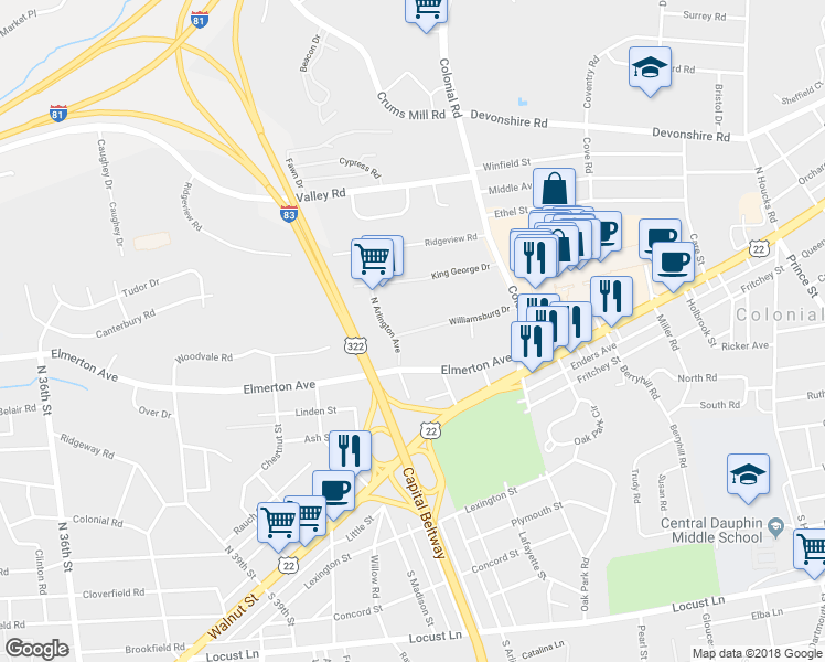 map of restaurants, bars, coffee shops, grocery stores, and more near 4201-4299 Williamsburg Dr in Harrisburg