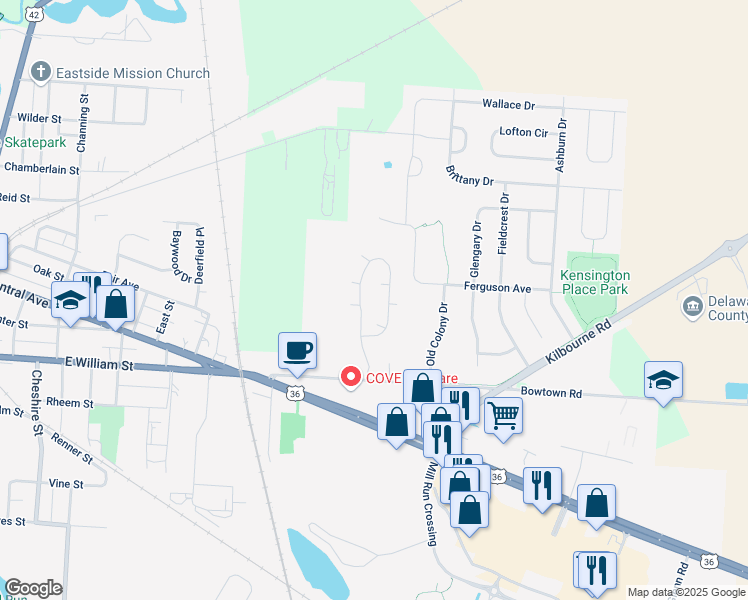 map of restaurants, bars, coffee shops, grocery stores, and more near 1 Village Gate Boulevard in Delaware
