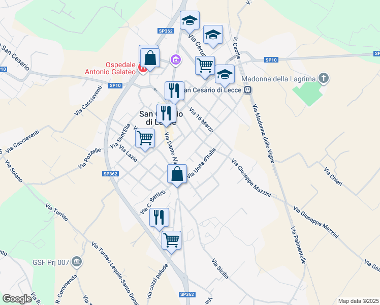 map of restaurants, bars, coffee shops, grocery stores, and more near 30 Via C. F. Barbieri in San Cesario di Lecce