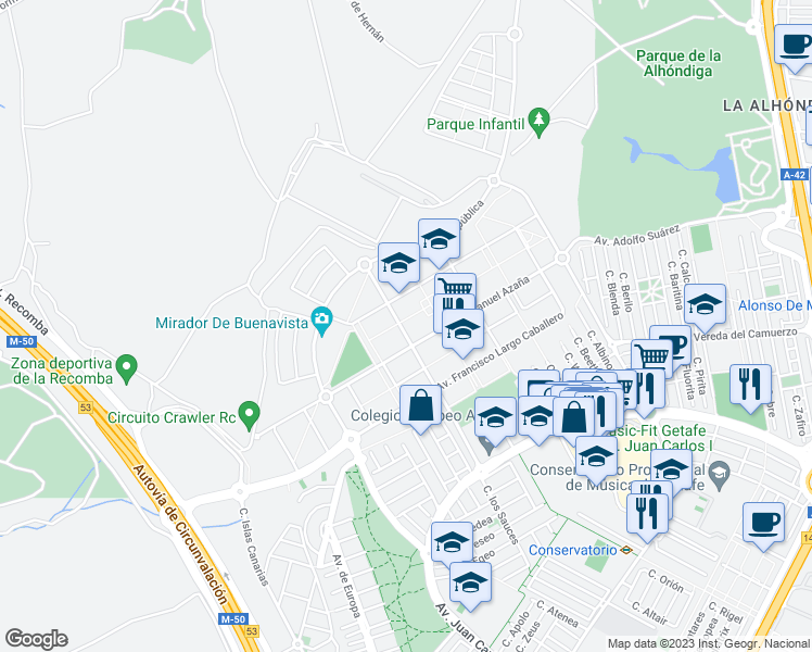 map of restaurants, bars, coffee shops, grocery stores, and more near 8 Avenida de Manuel Azaña in Getafe