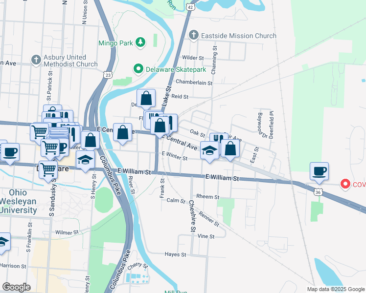 map of restaurants, bars, coffee shops, grocery stores, and more near 73 Richardson Street in Delaware