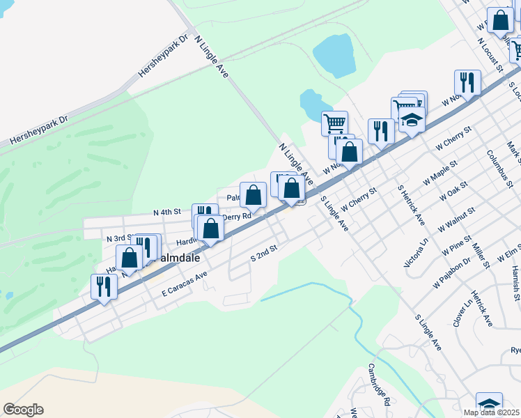 map of restaurants, bars, coffee shops, grocery stores, and more near 1669 East Derry Road in Hershey