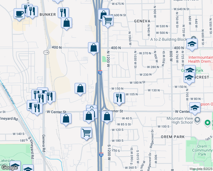 map of restaurants, bars, coffee shops, grocery stores, and more near 1222 West 160 North in Orem