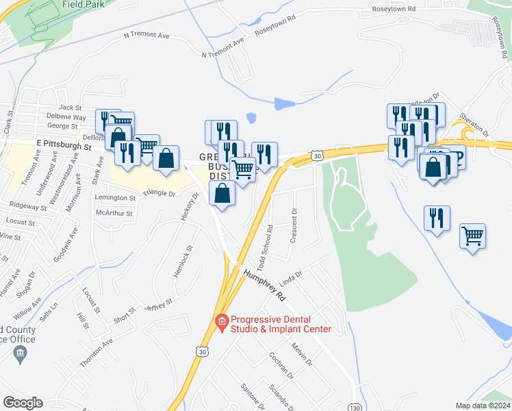 map of restaurants, bars, coffee shops, grocery stores, and more near 137 Toll House Road in Greensburg