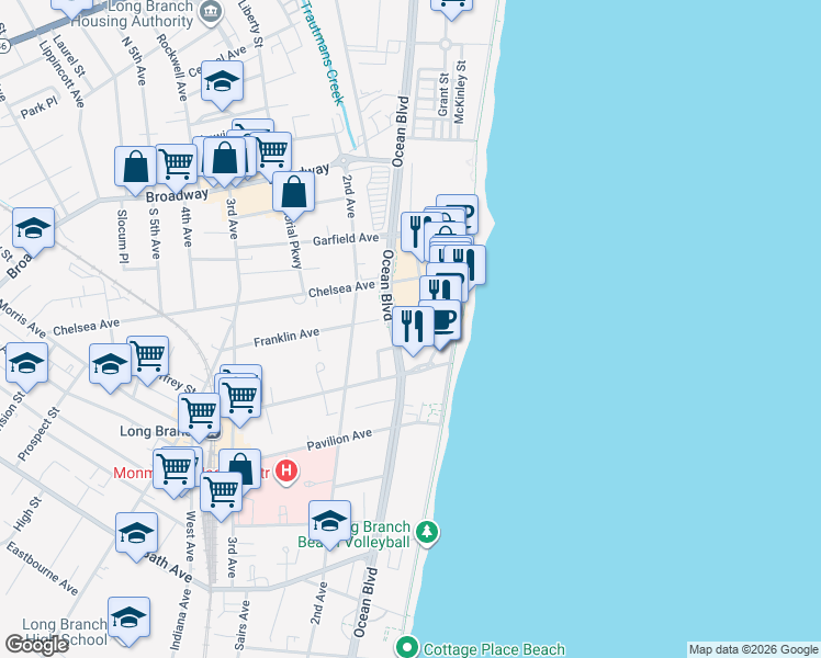 map of restaurants, bars, coffee shops, grocery stores, and more near 10 Melrose Terrace in Long Branch