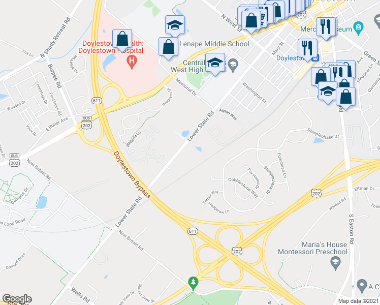 map of restaurants, bars, coffee shops, grocery stores, and more near 2401 Lower State Road in Doylestown