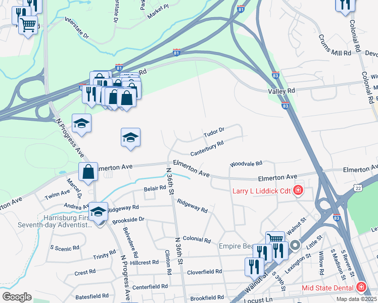 map of restaurants, bars, coffee shops, grocery stores, and more near 3616 Canterbury Road in Harrisburg