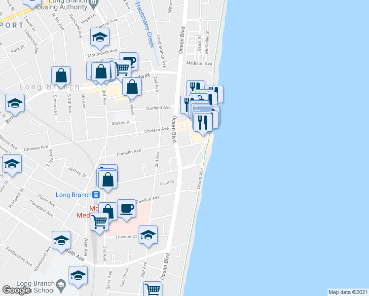 map of restaurants, bars, coffee shops, grocery stores, and more near 10 Melrose Terrace in Long Branch