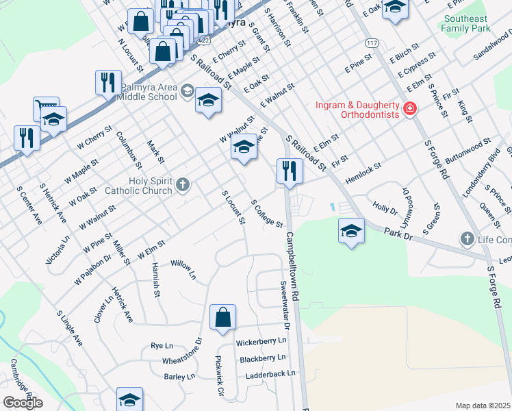 map of restaurants, bars, coffee shops, grocery stores, and more near 101 West Orchard Drive in Palmyra
