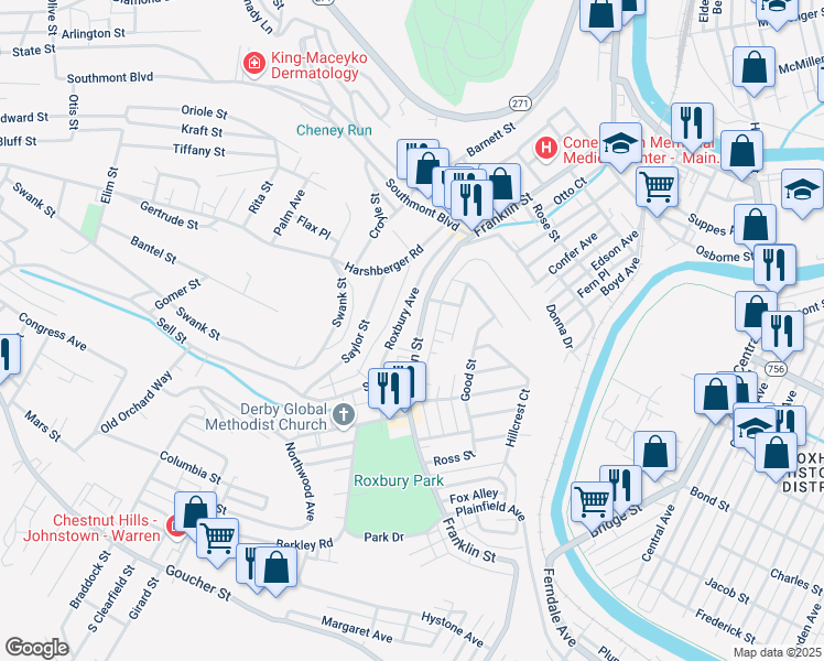 map of restaurants, bars, coffee shops, grocery stores, and more near 1252 Roxbury Avenue in Johnstown