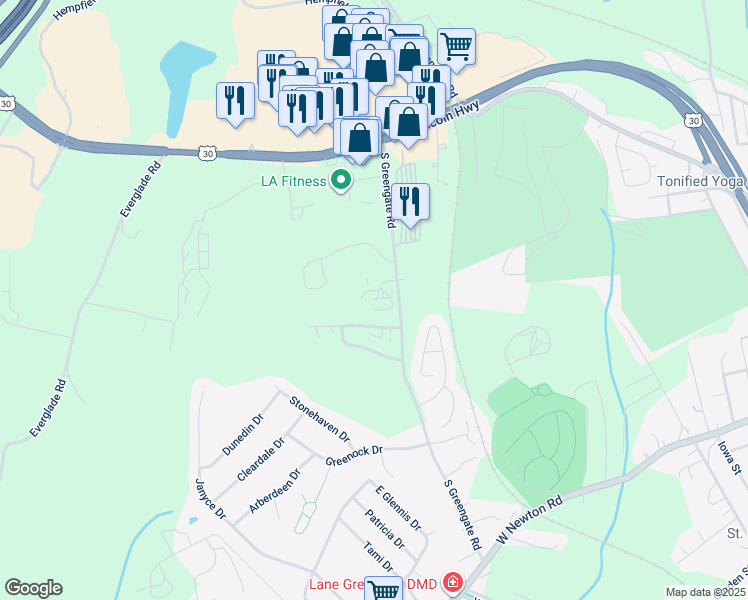 map of restaurants, bars, coffee shops, grocery stores, and more near 154 South Greengate Road in Greensburg
