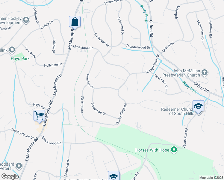 map of restaurants, bars, coffee shops, grocery stores, and more near 791 Boulder Drive in Bethel Park