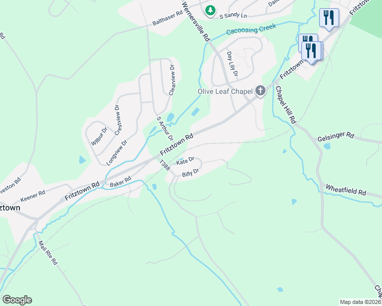map of restaurants, bars, coffee shops, grocery stores, and more near 907 Kate Drive in Sinking Spring