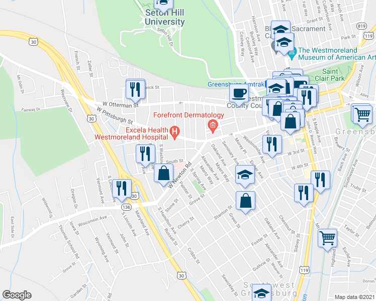 map of restaurants, bars, coffee shops, grocery stores, and more near 19 South Spring Avenue in Greensburg