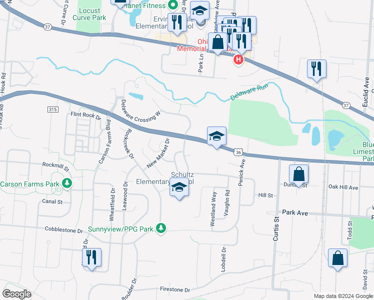 map of restaurants, bars, coffee shops, grocery stores, and more near 469 Applegate Lane in Delaware