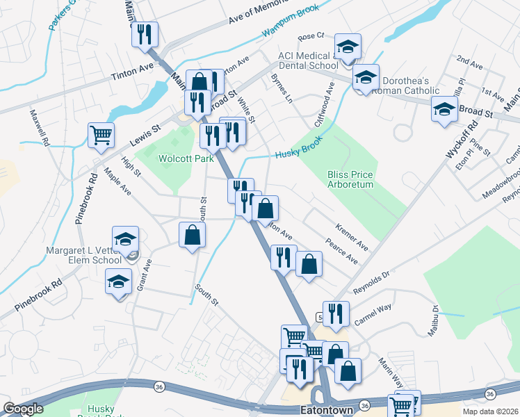 map of restaurants, bars, coffee shops, grocery stores, and more near 152 White Street in Eatontown
