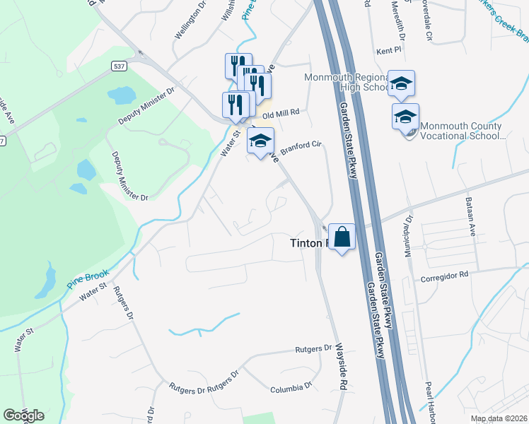 map of restaurants, bars, coffee shops, grocery stores, and more near 1 Spring Court in Tinton Falls