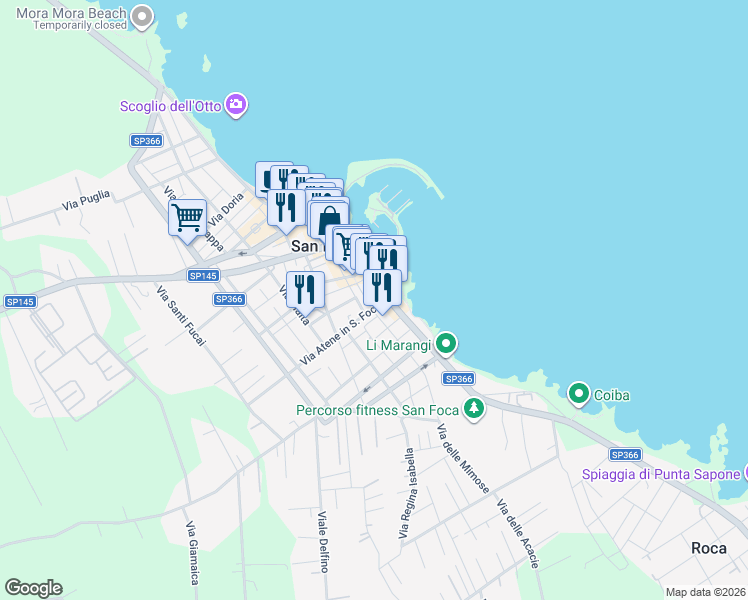 map of restaurants, bars, coffee shops, grocery stores, and more near 40-42 Via Lungomare Matteotti in San Foca
