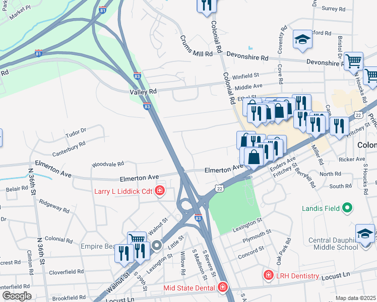 map of restaurants, bars, coffee shops, grocery stores, and more near 262 North Arlington Avenue in Harrisburg