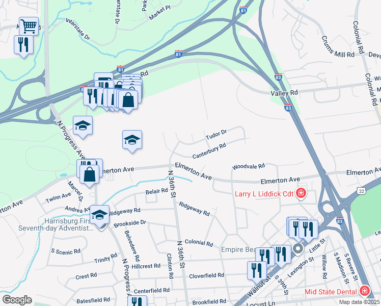 map of restaurants, bars, coffee shops, grocery stores, and more near 3616 Canterbury Road in Harrisburg