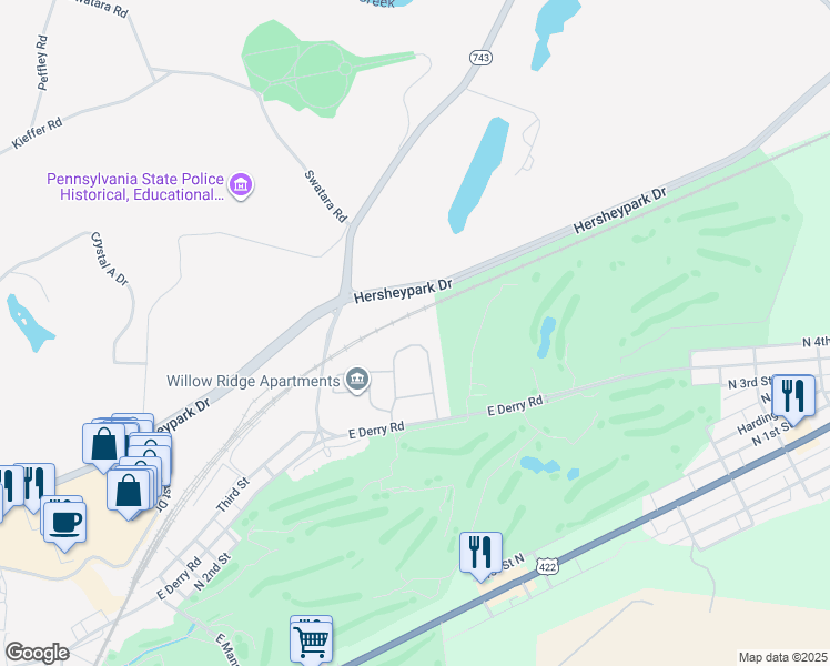 map of restaurants, bars, coffee shops, grocery stores, and more near 49 Carousel Cir in Hershey