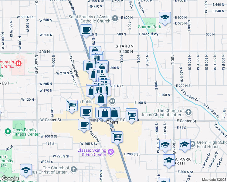 map of restaurants, bars, coffee shops, grocery stores, and more near 48 E 180 N in Orem