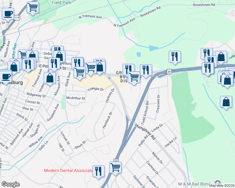 map of restaurants, bars, coffee shops, grocery stores, and more near 216 Humphrey Road in Greensburg