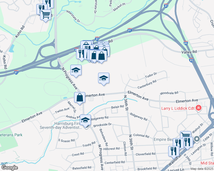 map of restaurants, bars, coffee shops, grocery stores, and more near 3500 Elmerton Avenue in Harrisburg
