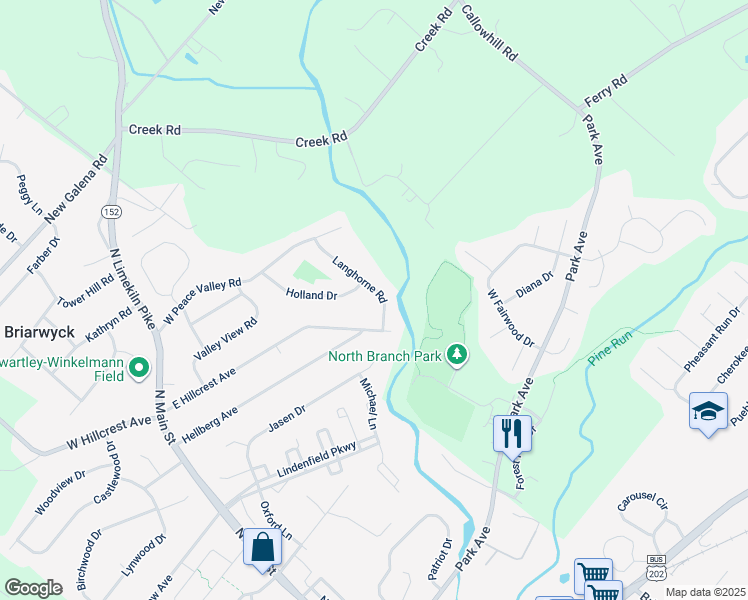 map of restaurants, bars, coffee shops, grocery stores, and more near 40 Langhorne Road in Chalfont